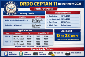 Read more about the article DRDO CEPTAM 11 Download Admit Card Check Syllabus & Exam Pattern | Tier I Exam City