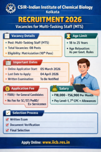 Read more about the article IICB Recruitment 2026 Vacancies for MTS and Various Posts