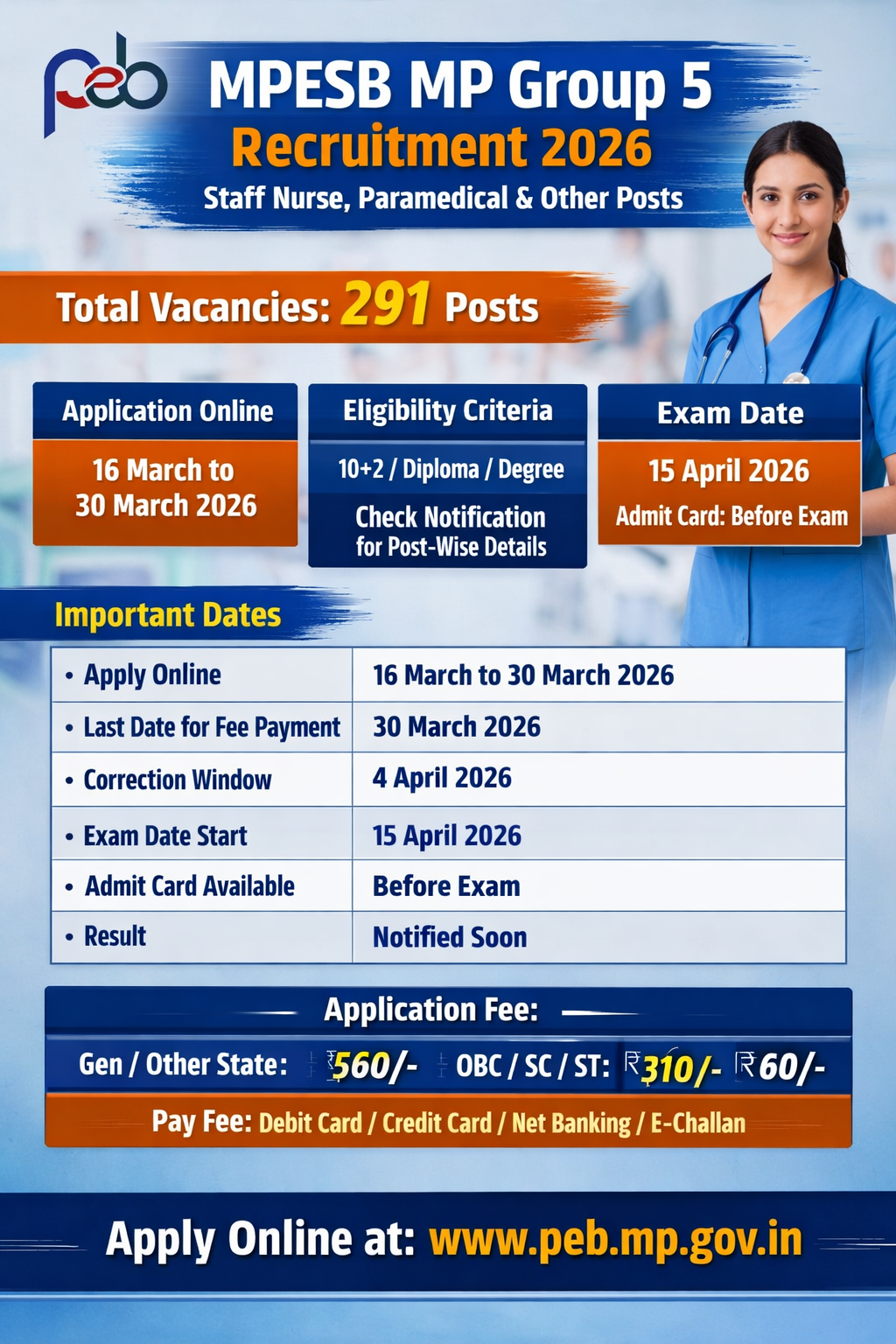 Read more about the article MPESB MP Group 5 Recruitment 2026 – Apply Online for 291 Staff Nurse, Paramedical & Other Posts