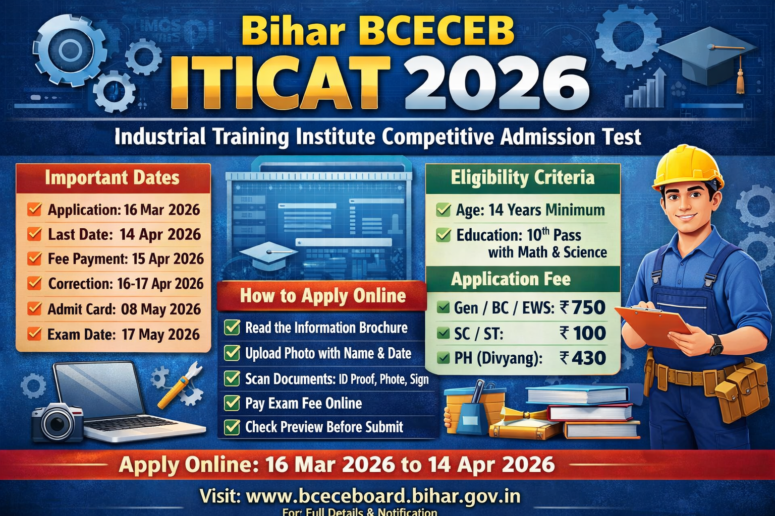 Read more about the article Bihar BCECEB ITICAT 2026 – Industrial Training Institute Competitive Admission Test Online Application Form