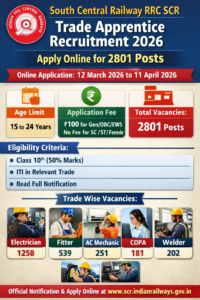 Read more about the article South Central Railway (SCR) RRC Apprentice Recruitment 2026 – Apply Online for 2801 Trade Apprentice Posts